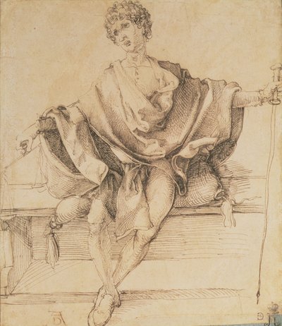 Zittende jongeling met weegschaal en een stok, 1498 (pen en inkt) door Albrecht Dürer